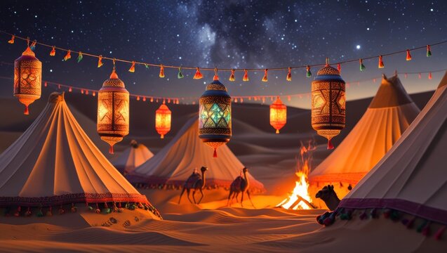 Traditional Bedouin desert camp at night with glowing lanterns bonfire tents and starry Milky Way sky