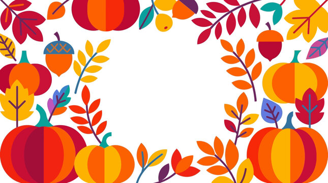 Pumpkins and autumn leaves frame design provides a festive holiday border with a central white area.