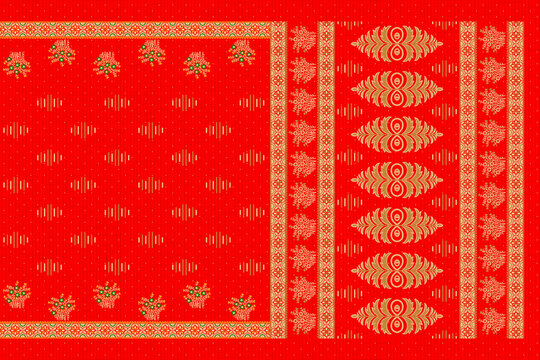 Traditional Indian Saree Layout with Ethnic Decorative Patterns and Ornate Galo Pallav Border Textile Print