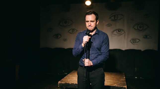 Male stand-up comedian performing on stage with microphone in a dark comedy club venue.