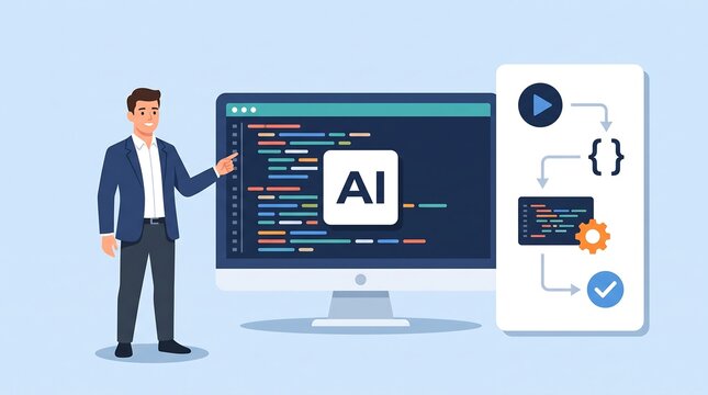 Developer pointing at computer screen with AI code and flowchart, representing technology and artificial intelligence development and analysis concept.