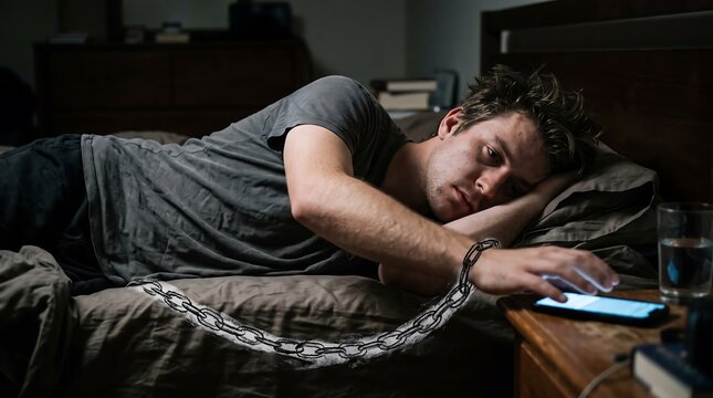 Young man sleeping in bed with smartphone chained to his wrist representing digital addiction.
