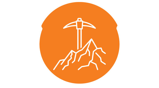 Pickaxe icon embedded into a rocky mountain peak featuring bold orange background and white line art