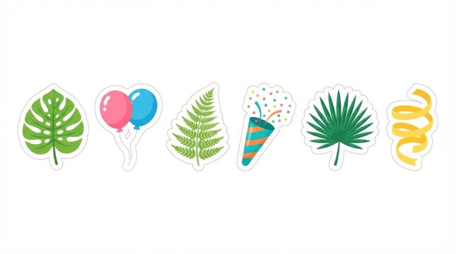 Tropical Leaves and Celebration Party Sticker Icons on White Background