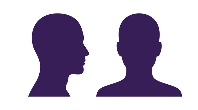 Purple silhouettes of human heads showing both side profile and front view on white background