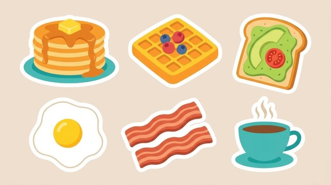 Breakfast Food Sticker Set with Pancakes Waffles Egg and Coffee