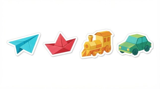 Colorful Origami Style Transportation Sticker Set on White