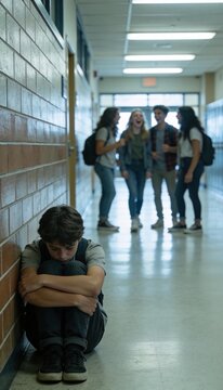 Bullied Teenager Sitting Alone in School Hallway