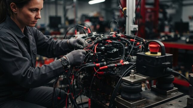 Test engineer adjusting a wiring harness on a powertrain rig with sensor probes, emergency stop button, and vibration mounts