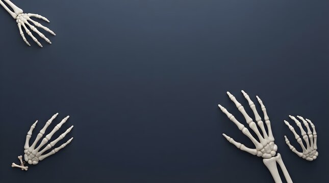 Halloween dark blue background with skeleton hands border flat lay copy space