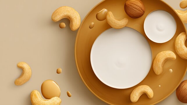 top down view of a stylish brown plate surrounded by scattered cashew nuts and sweet caramel drops on a smooth background