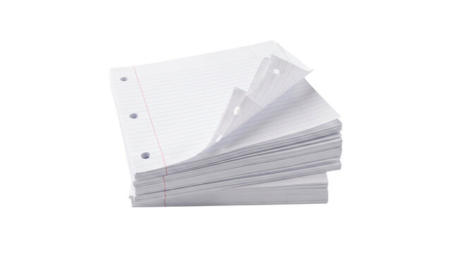 Blank loose leaf paper stack with binder holes, white filler paper for school and office, pile of lined notebook pages isolated PNG with Transparent Background