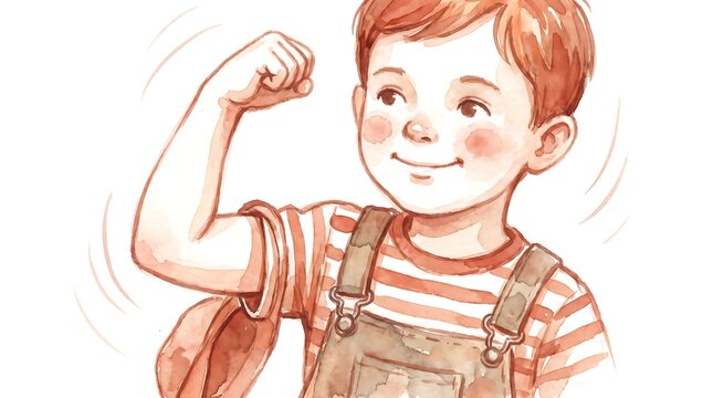 Confident boy flexing muscles, watercolor illustration, strong child, self-confidence, empowerment, kids motivation art