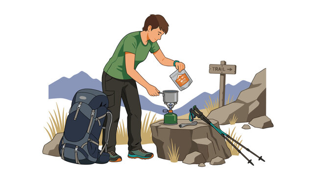 Backpacking hiker woman preparing a dehydrated meal on a portable camping stove in the mountains vector illustration