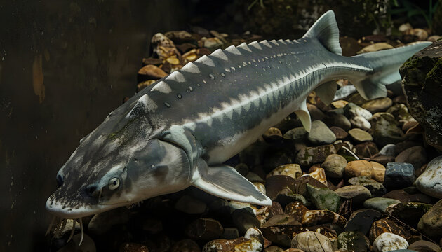 Detailed 3D rendering of a large sturgeon fish resting on a rocky riverbed underwater with clear natural lighting.
