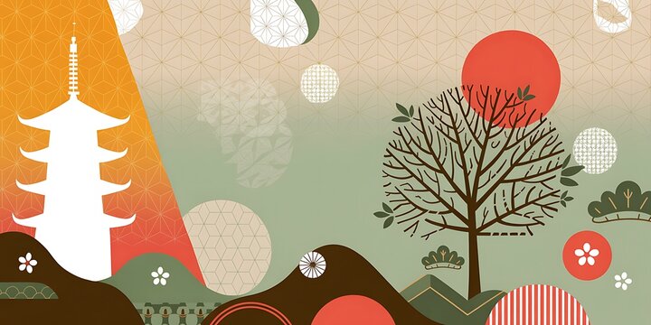 Stylized Japanese-inspired landscape with a white pagoda, bare tree, red sun, rolling hills, geometric traditional patterns, lantern-like ornaments, muted sage green, orange, cream, and brown palette.