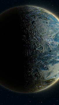 Half-lit rocky alien planet with cratered surface and glowing rim against a dark star-filled space background.