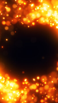 Glowing orange and golden bokeh particles form a radiant festive border around a dark central copy space.