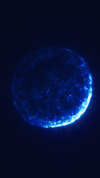 Glowing blue digital planet made of particles, creating a futuristic cosmic technology background.