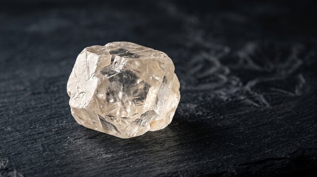 Close-up of a raw uncut diamond with a natural crystalline structure displayed against a dark background.