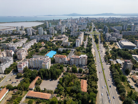 Aerial View of Burgas City Skyline, Main Boulevard, and Black Sea Coast