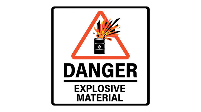 Danger explosive material warning sign featuring a vibrant vector graphic illustration of a detonating barrel inside a bold orange triangle to communicate severe safety hazards clearly for industrial 