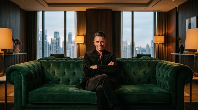 Confident mature businessman sitting on luxury green velvet sofa in modern office