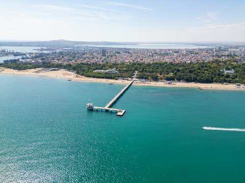 Aerial View of Burgas Sea Pier, Sandy Beach, and Port Bay, Bulgaria