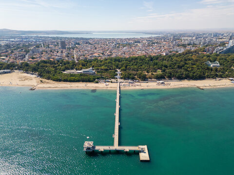 Aerial View of Burgas Sea Pier, Sandy Beach, and Port Bay, Bulgaria