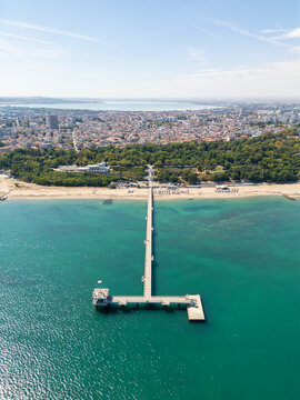 Aerial View of Burgas Sea Pier, Sandy Beach, and Port Bay, Bulgaria