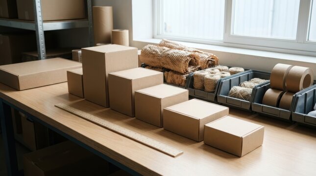 Cardboard boxes and packing supplies on wooden workbench in warehouse. Kraft tape, twine and eco packaging for online orders. Shipping preparation for black friday sale.