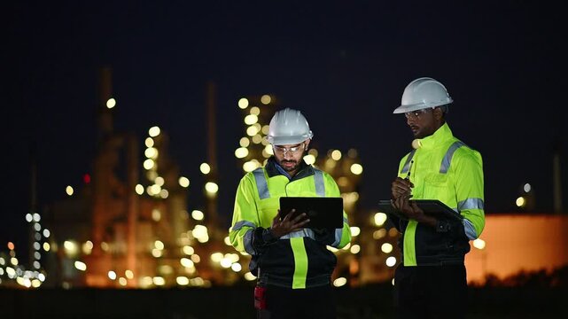 Engineer wear uniform and helmet stand workplace hand holding tablet and laptop computer, survey inspection team work plant site to work with night lights oil refinery background.	