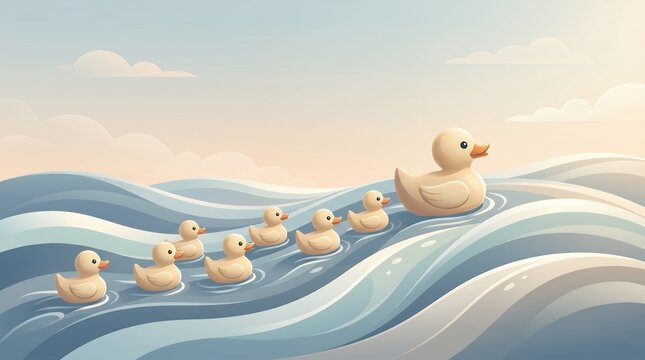 Charming Flock of Yellow Ducklings Following Their Mother Across Gentle Wavy Ocean Surface in Soft Pastel Morning Sky