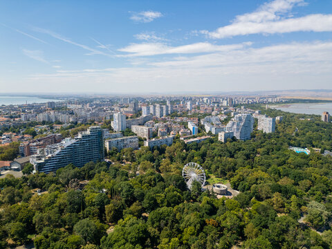 Aerial View of Burgas Coastal City, Sea Garden, Pier, and Black Sea, Bulgaria