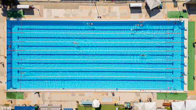 Aerial Top-Down View of Outdoor Olympic Swimming Pool with Lanes, Burgas