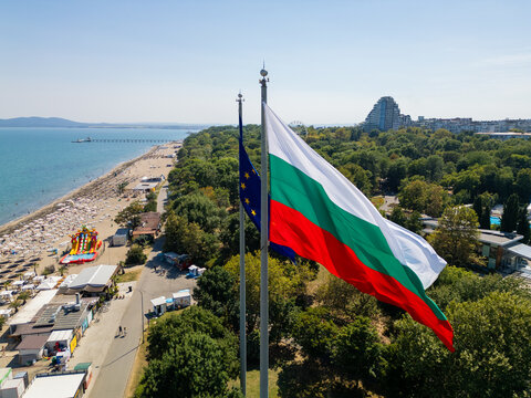 Bulgarian Flag Waving over Sandy Beach, Black Sea, and Burgas Coast, Bulgaria