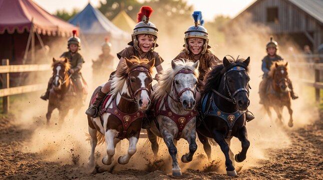Young Roman Charioteers Racing Three Ponies Through a Dusty Arena