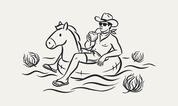 Cowboy wearing sunglasses floating on horse inflatable ring drinking coconut water vector illustration