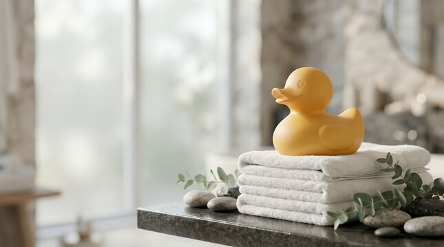 Bright Yellow Rubber Duck Toy Sitting on Stacked White Towels with Smooth River Stones and Green Leaves Decor