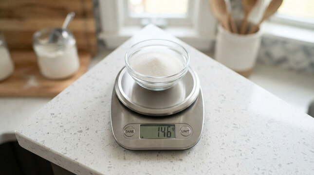 Digital kitchen scale weighing sugar in a glass bowl on countertop