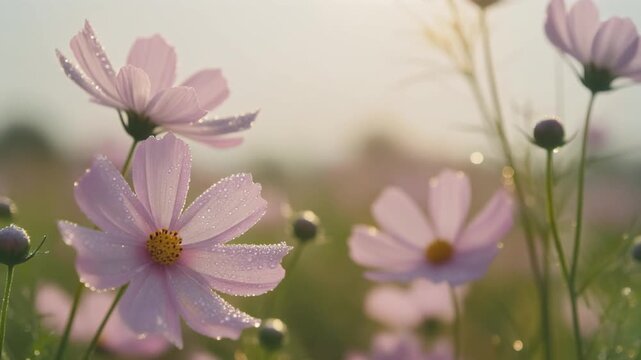 Delicate Pale Pink Cosmos Flowers with Glistening Morning Dew Drops in Soft Sunlight, Cinematic Full HD Nature Background