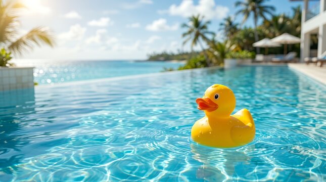 Bright Yellow Rubber Duck Floating Joyfully in a Tropical Infinity Pool with Ocean View