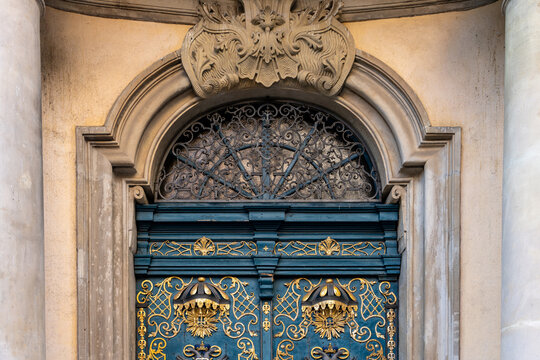 Ornate Historic Door With Gold Decoration And Stone Arch Architectural Heritage Detail
