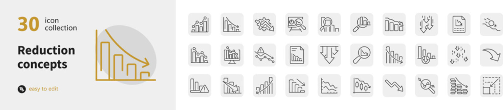 Set of thirty thin line vector icons representing reduction concepts and decreasing charts with financial decr