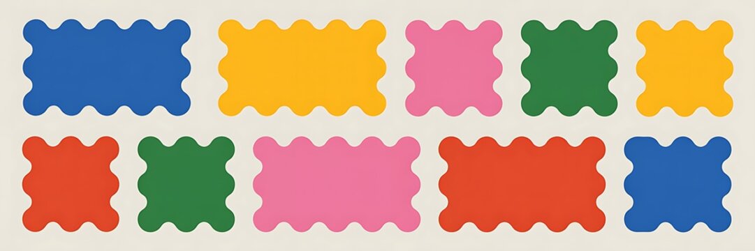 A clean abstract collection of colorful rectangular label shapes with playful wavy edges, rounded corners, and soft shadows, arranged on a warm cream background in blue, yellow, pink, green.