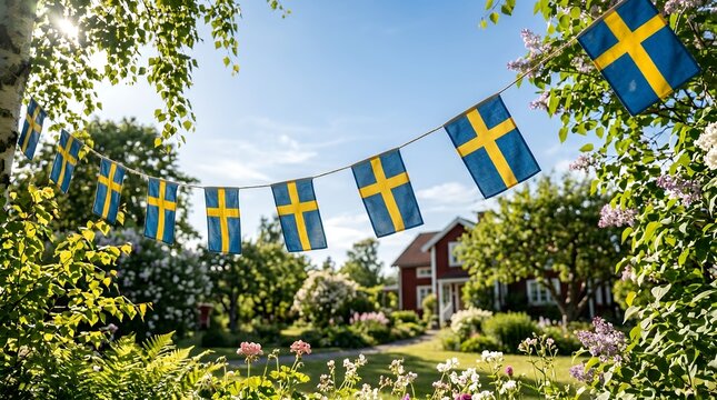 String Of Swedish Flags Decorating A Sunny Garden With A Red House In The Background