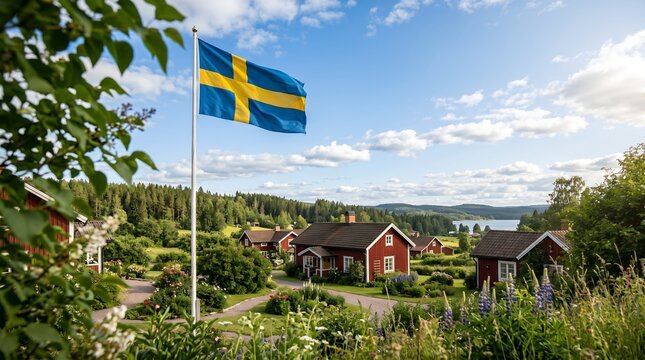 Idyllic Scandinavian Countryside Scene with a Swedish Flag and Red Houses