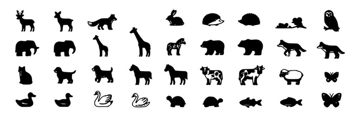 Obraz premium Animal Silhouettes Collection, Diverse Wildlife Icons Set, Vector Animal Illustrations for Design, Graphic Elements