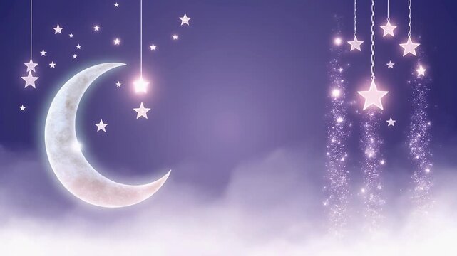 Elegant Crescent Moon Sculpture and Glowing Suspended Star Lights with Sparkling Particles on Purple Fantasy Sky Background Full HD