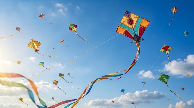Vibrant Colorful Traditional Kite Festival Flying in a Clear Blue Sky with Fluffy White Clouds